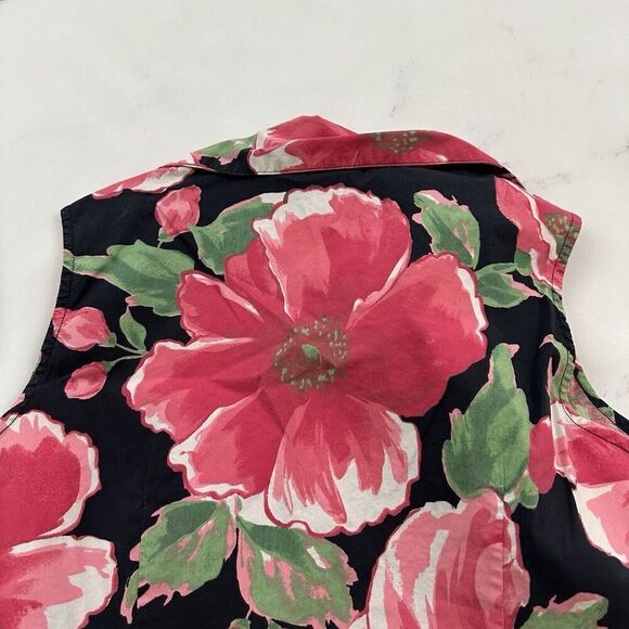 St Johns Bay Womens Vintage Y2k Wrap Crop Top Size L Black Pink Floral Tie Trim - Picture 7 of 9